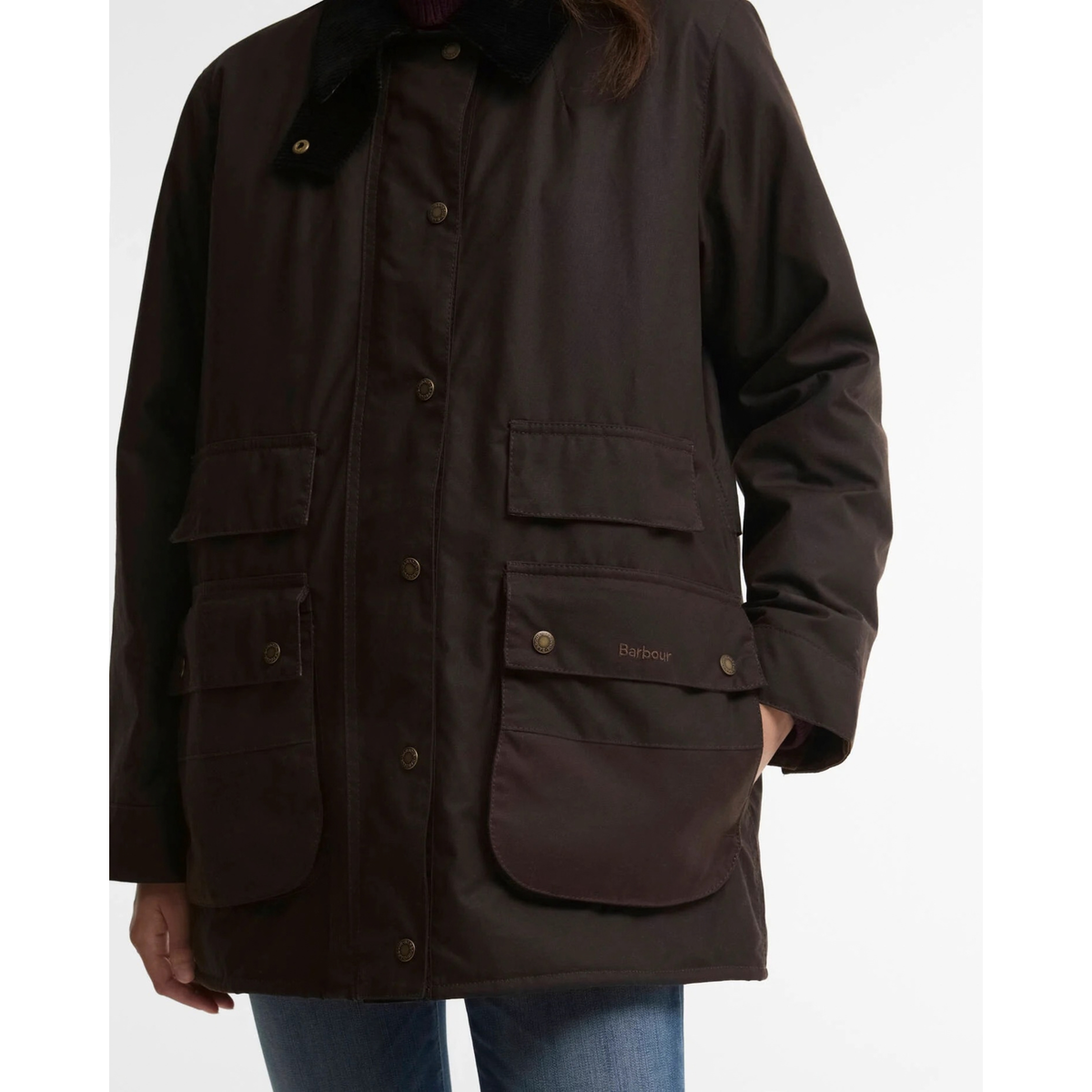 Barbour Modern Border naisten öljykangastakki, ruskea, etutaskut.