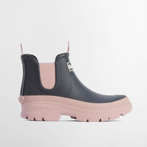 Sivusta kuvattu naisten lyhytvartinen Barbour Nimbus kumisaapas harmaa/pinkki.