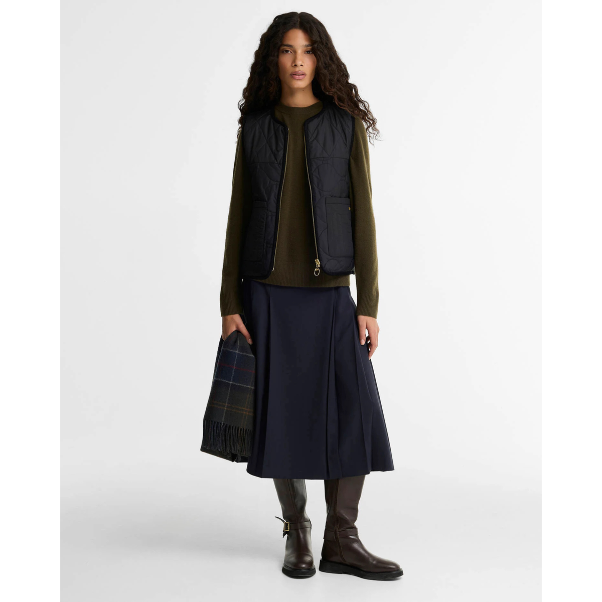 Barbour Nunwell Liner naisten liivi, musta/vihreä ruudullinen, kaksipuoleinen, auki