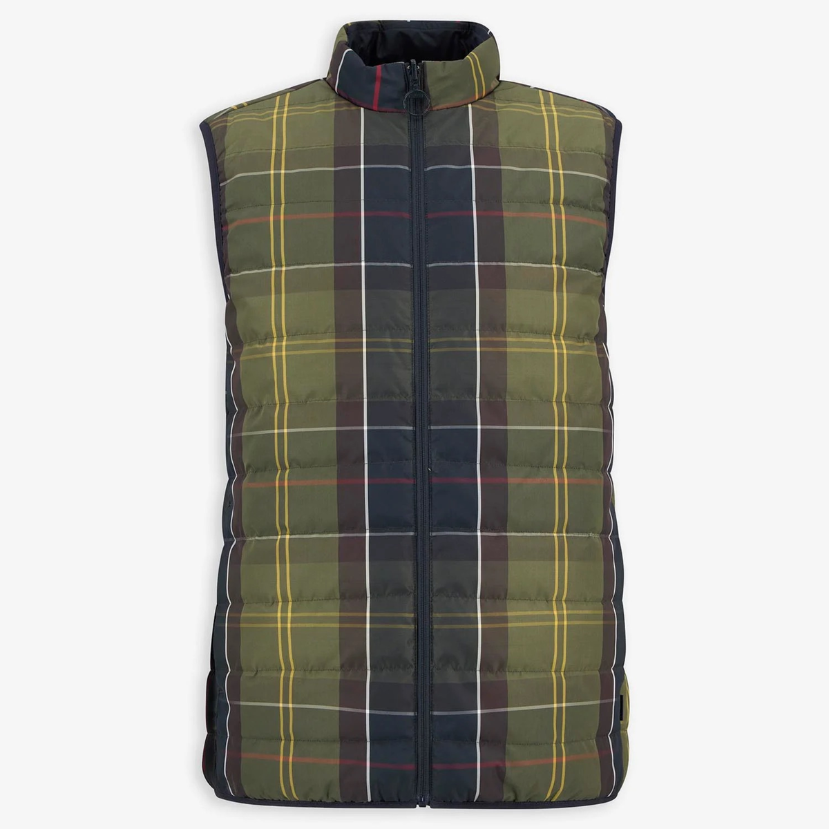 Käännettävän liivin toisella puolella on vihreäsävyinen ruutukuosi ja toinen puoli on yksivärinen tummansininen.