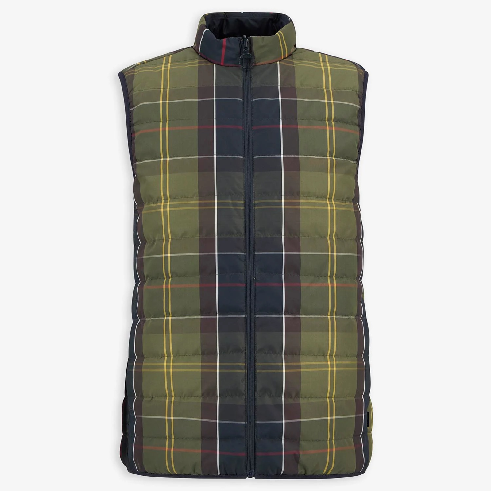 Käännettävän liivin toisella puolella on vihreäsävyinen ruutukuosi ja toinen puoli on yksivärinen tummansininen.