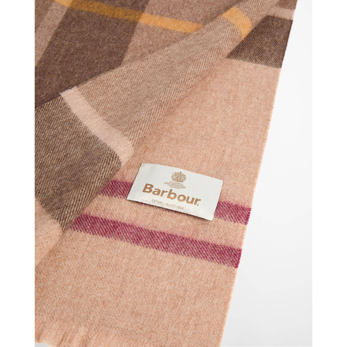 Barbour Rosefield Tartan huivi, ruskeasävyinen, logo.
