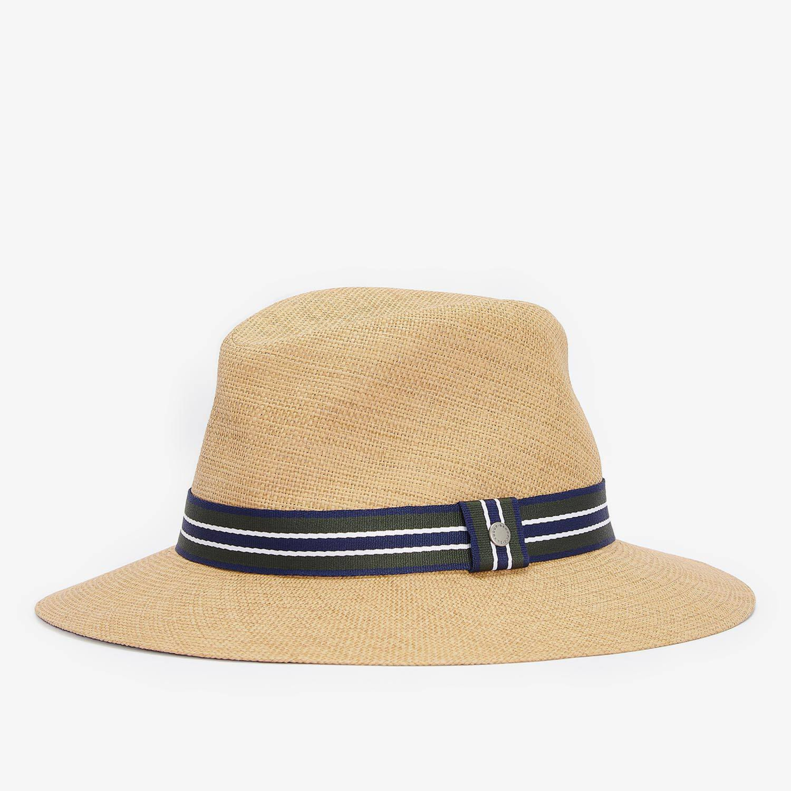 Kuvassa on Barbour Rothbury Fedora miesten kesähattu jossa on raidallinen koristenauha.