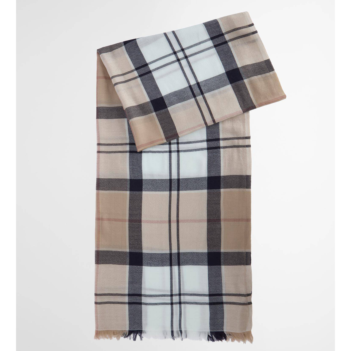 Kuvassa on merinovillainen Barbourin Verona pashminahuivi beigeruudullisena.