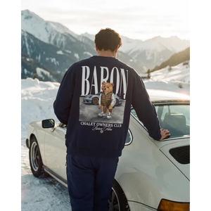 Baron Filou Backprint Pullover Filou 187 Chalet Owners Club BARON - Oxford Blue, Kuvattuna selästäpäin mallin päältä.