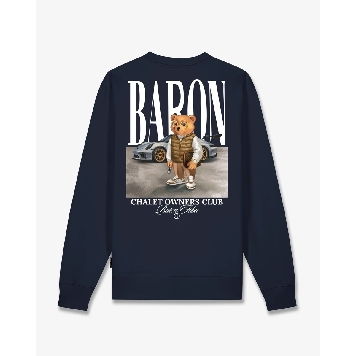 Baron Filou Backprint Pullover Filou 187 Chalet Owners Club BARON - Oxford Blue, selkä printti.