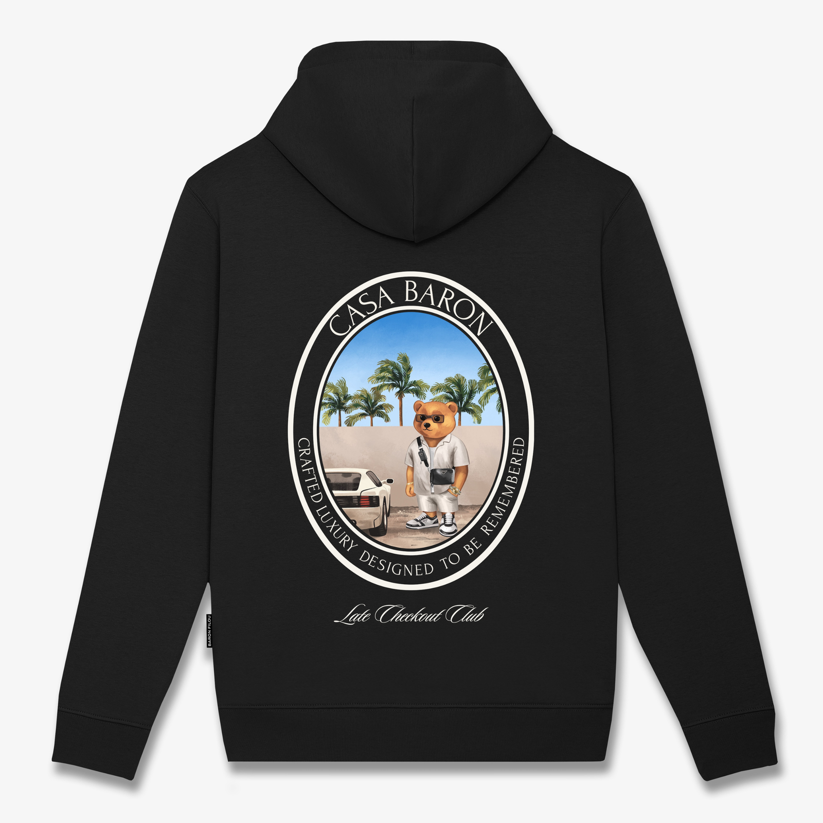 Musta Baron Filou huppari jossa takana ovaalinmuotoinen printti takaapäin kuvattuna.