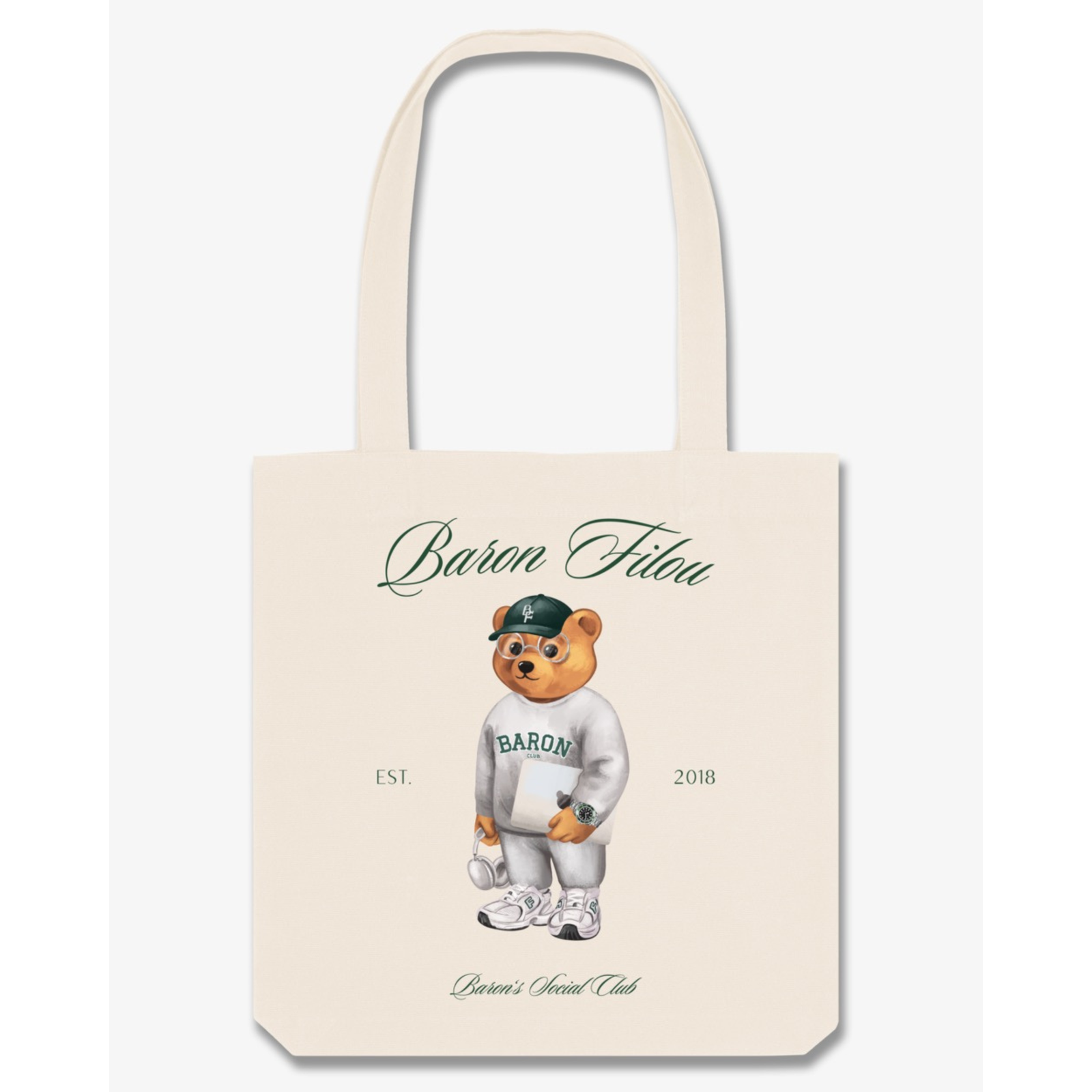 Kuvassa on Baron Filoun kangaskassi jonka etupuolella on nalleprintti.