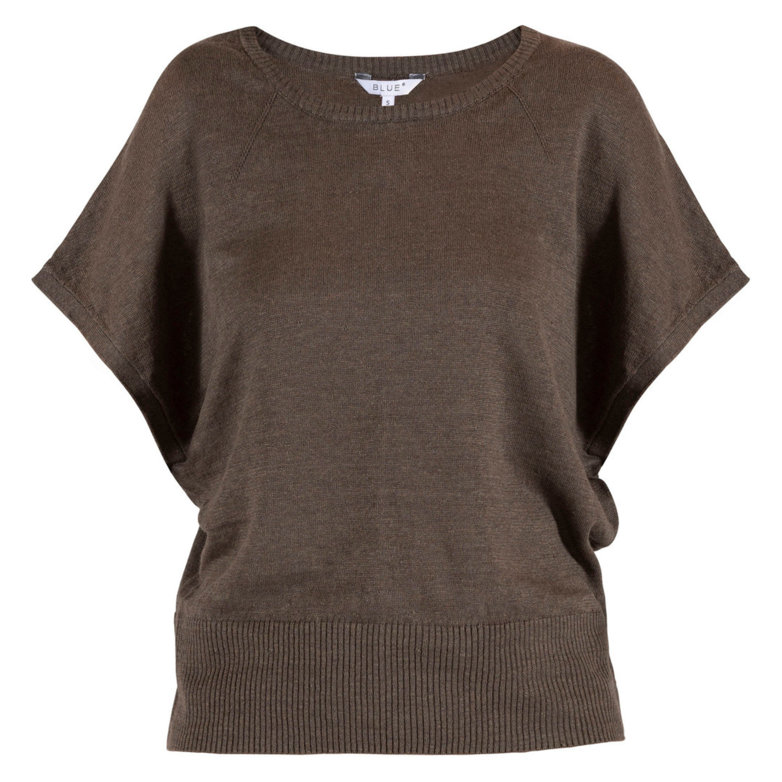 Kuvassa naisten Blue Laila lyhythihainen pellavaneule kahvinruskeana.