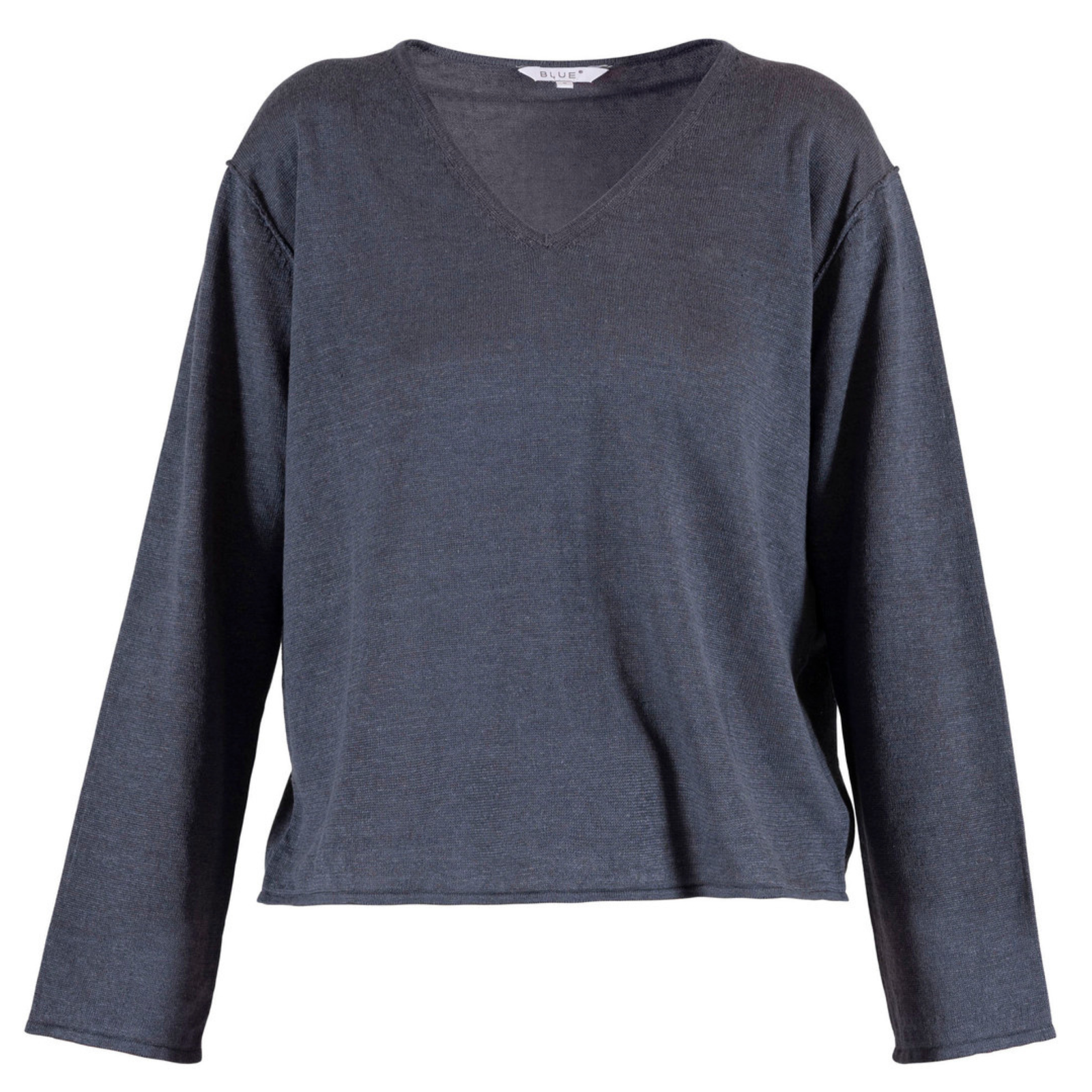 Kuvassa siniharmaa Blue Lea naisten pellavaneule V-mallisella kaula-aukolla.