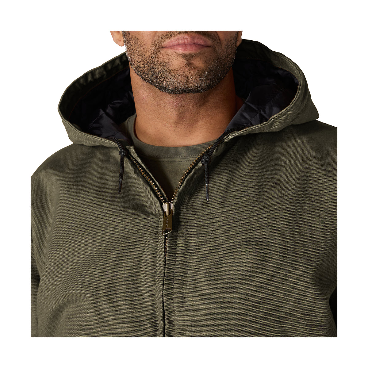 Lähikuva vihreästä Carhartt Active Jacketin kauluksesta.