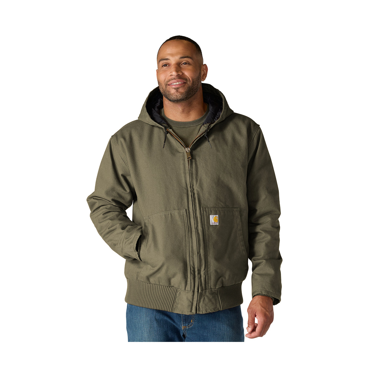 Miesmallin päällä vihreä Carhartt Active Jacket miesten takki.