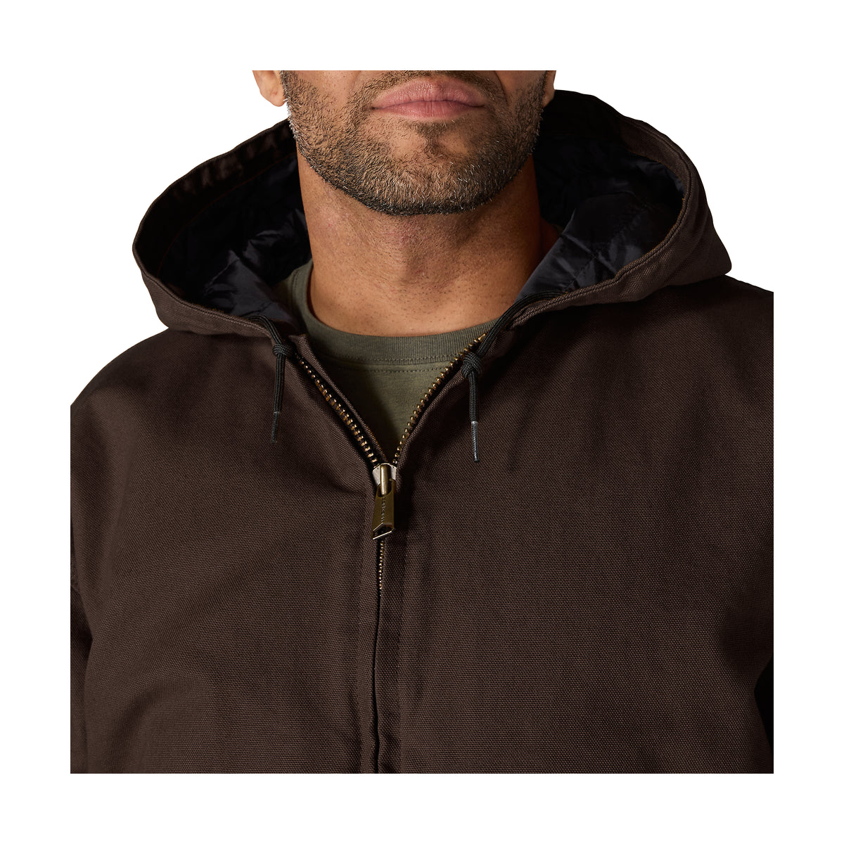 Lähikuva tummanruskean Carhartt Active Jacketin kauluksesta.