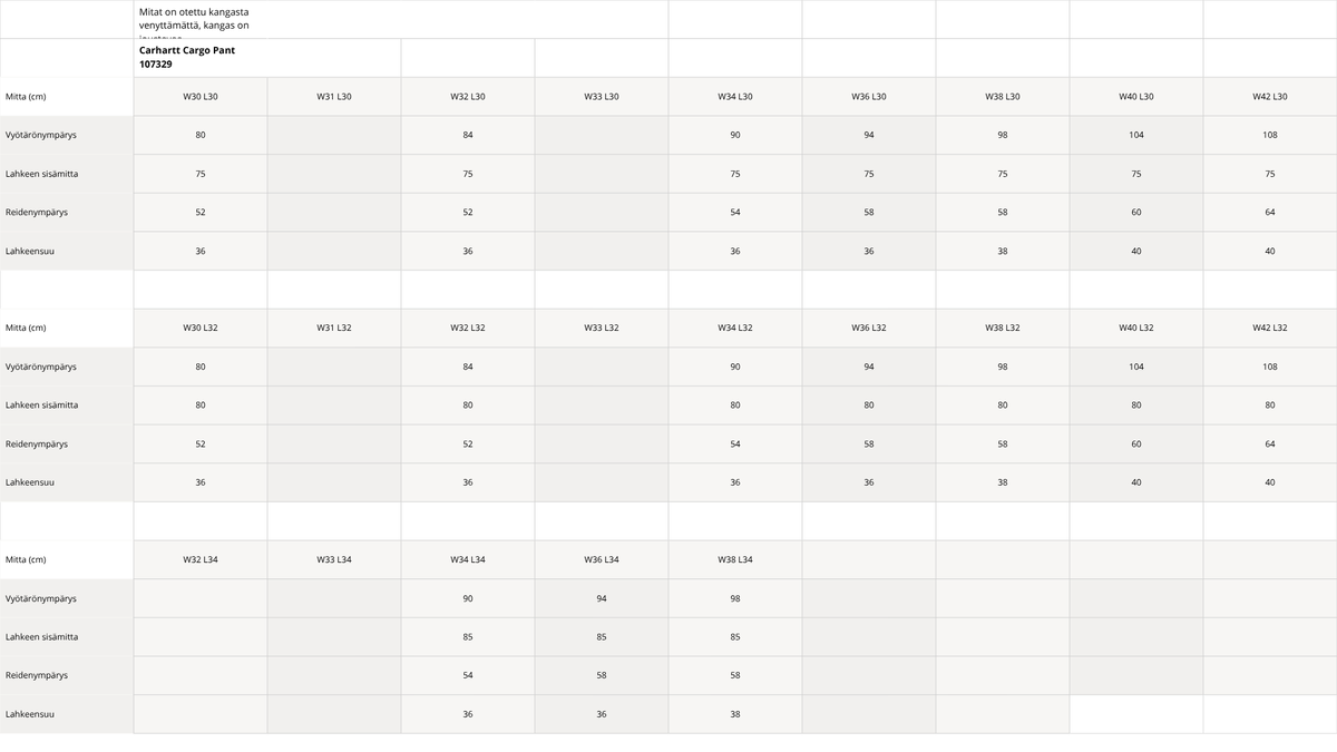 Carhartt Force Ripstop Pant housujen kokotaulukko.