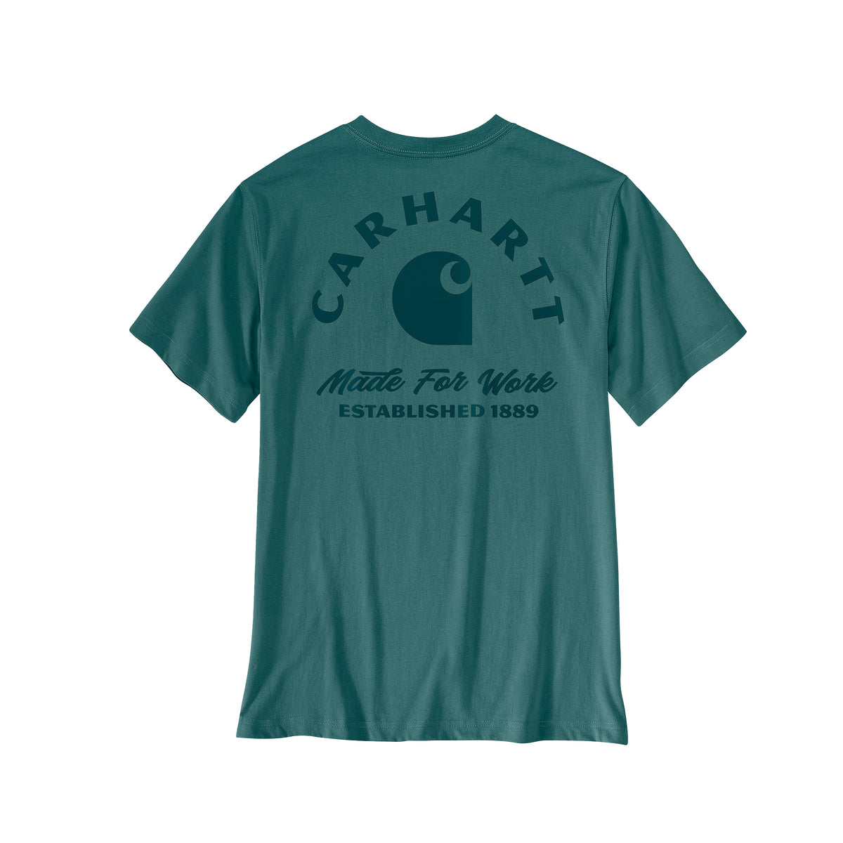 Carharttin sinivihreän t-paidan selkäpuoli, jossa näyttävä logoprintti.