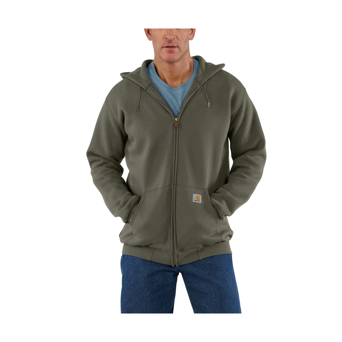 Mallin päällä vihreä Carhartt K122 vetoketjuhuppari.