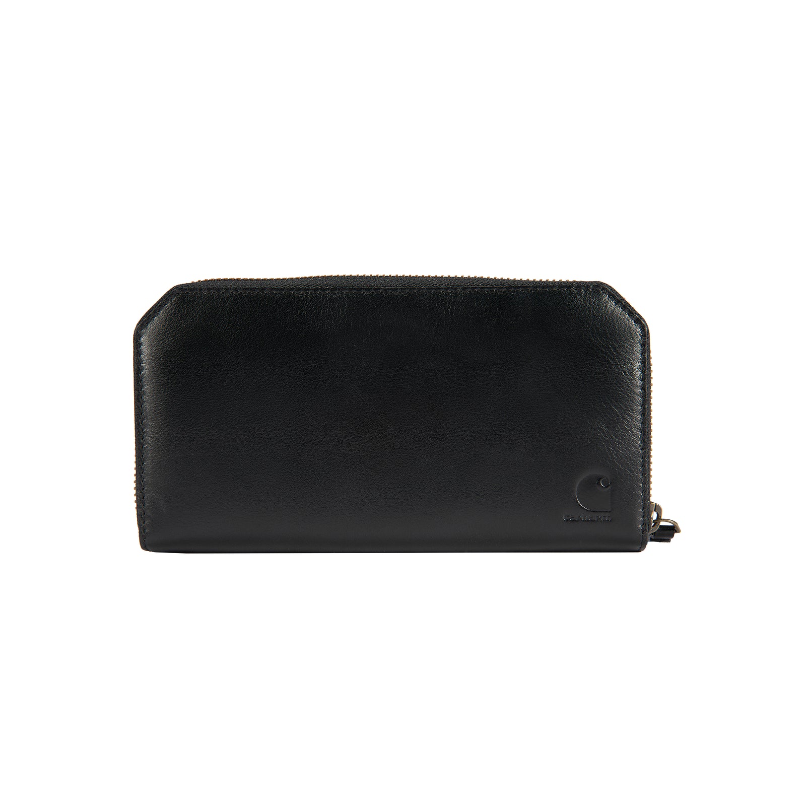 Carhartt Leather Clutch naisten musra nahkalompakko, jossa on kohokuvioitu logo.