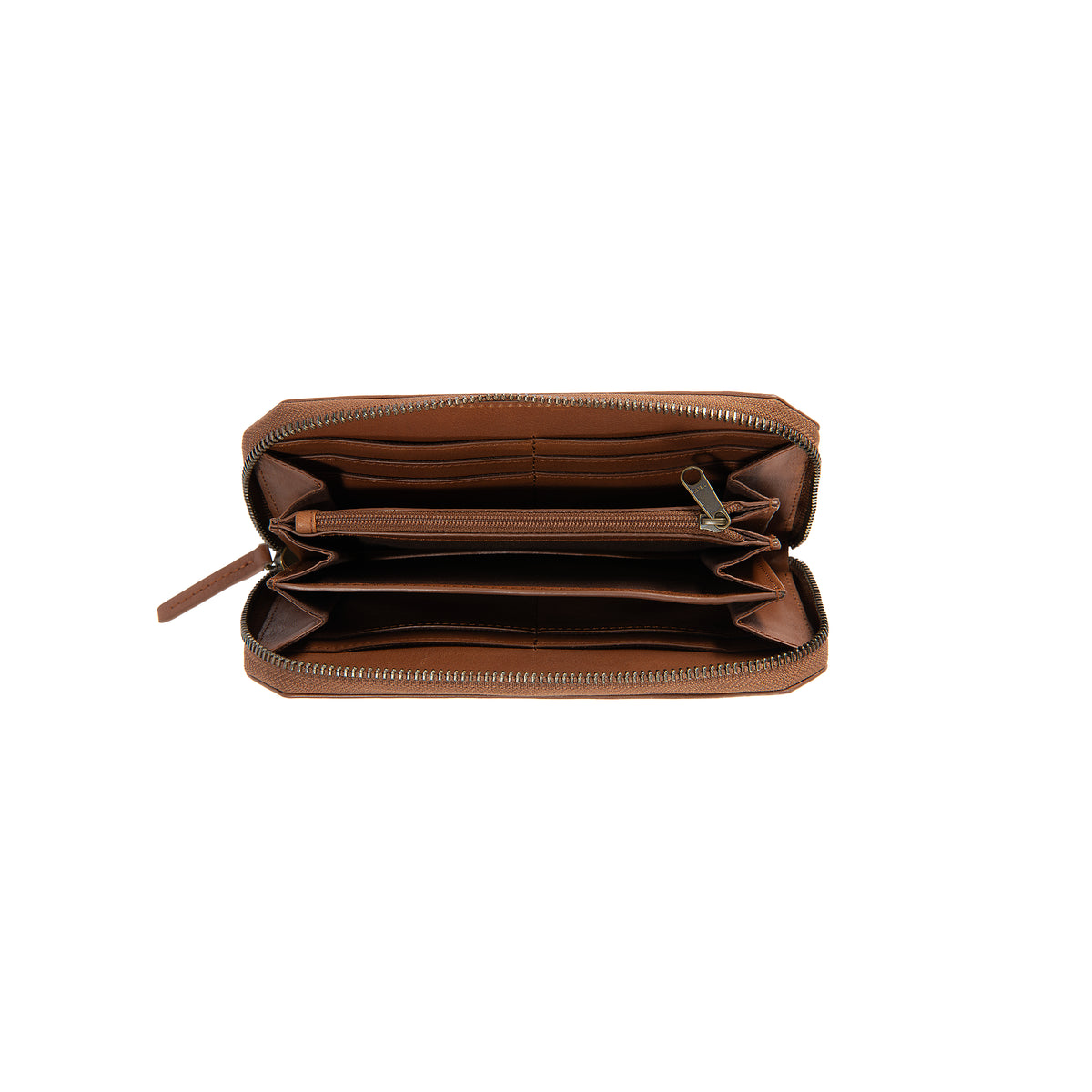 Carhartt Leather Clutch lompakossa on useita korttipaikkoja, lokeroita sekä vetoketjullinen kolikkotasku.