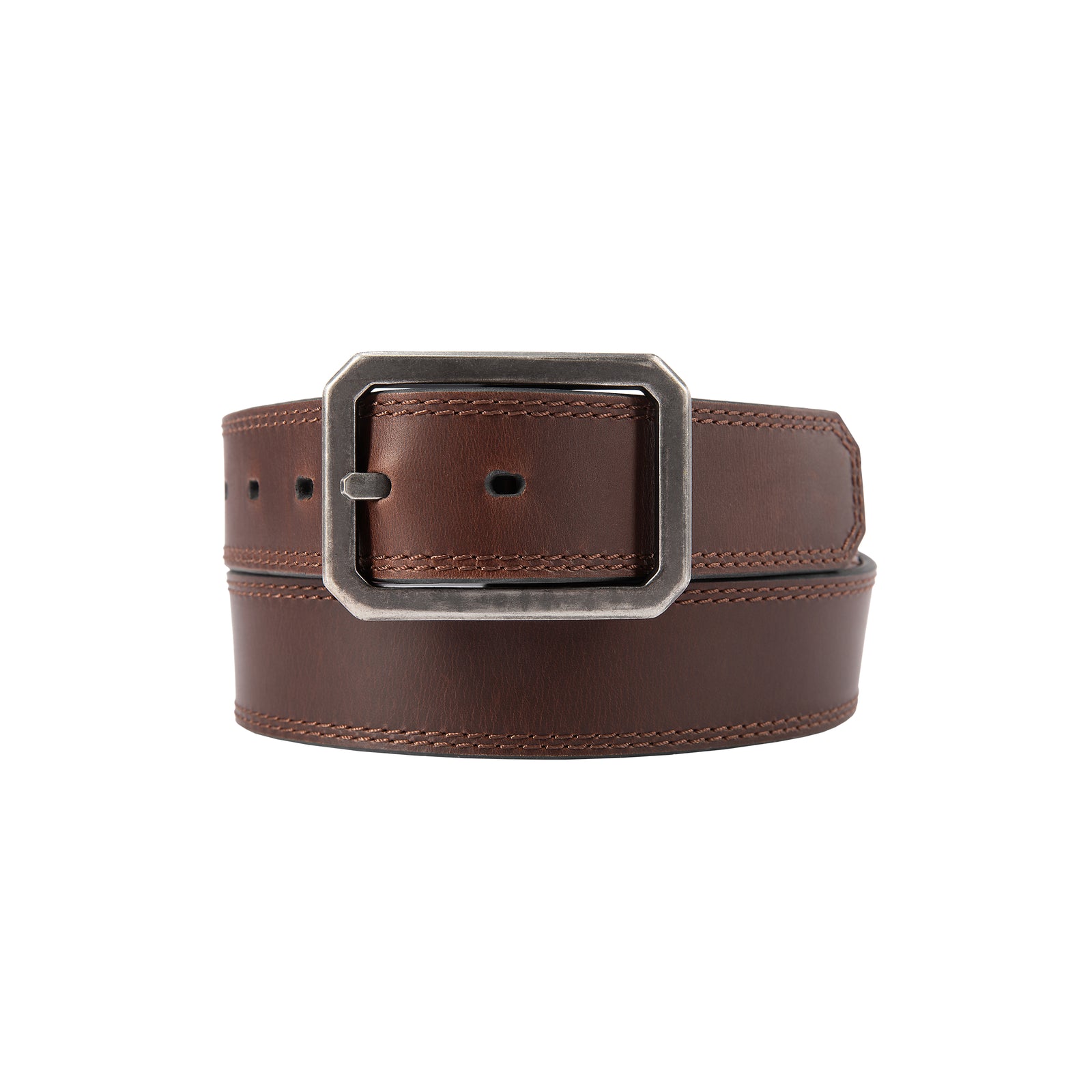 Carharttin nahkavyö, jossa toinen puoli ruskea ja toinen musta.