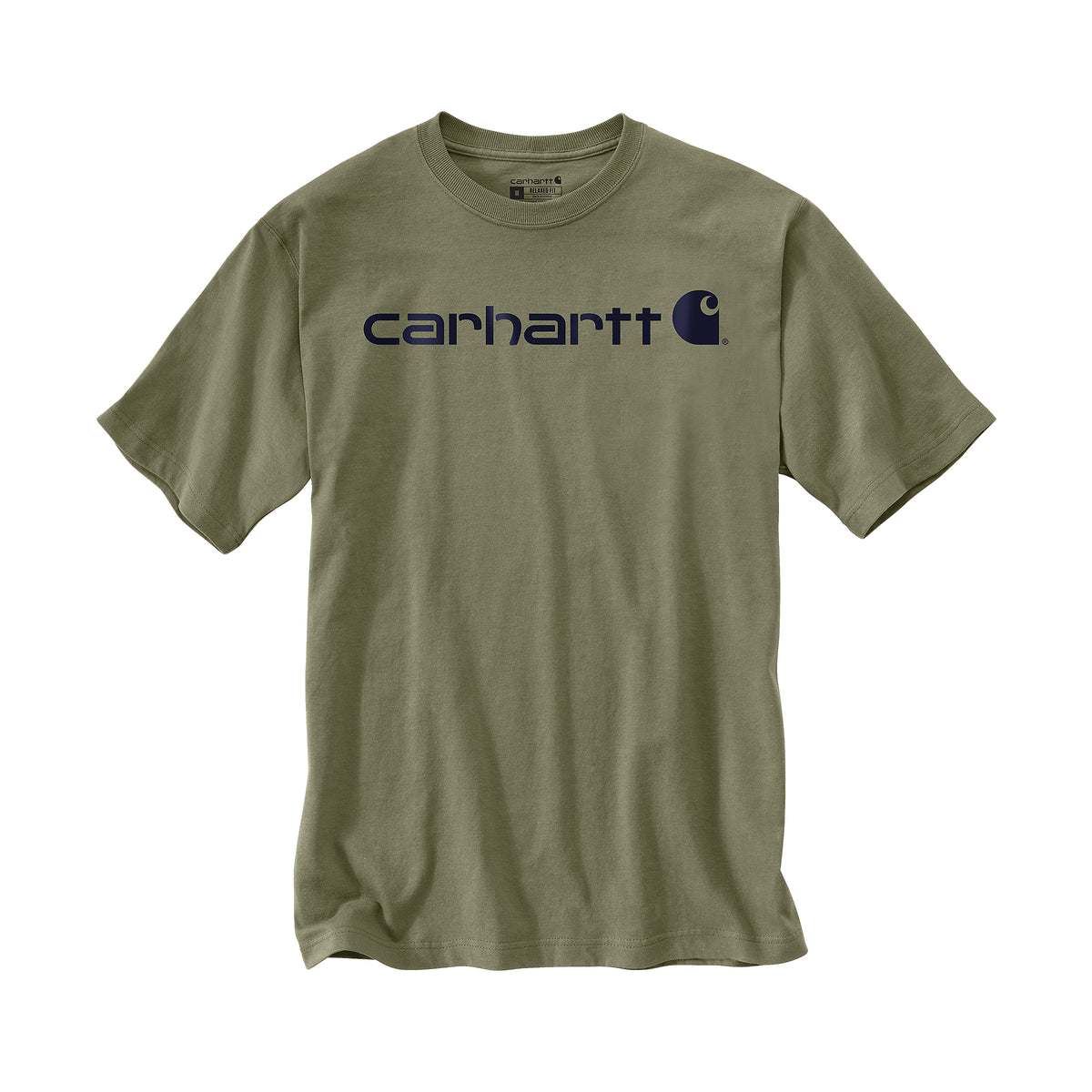 Carhartt Signature Logo miesten t-paita tuotekuvassa. Väri oliivi, tummansininen logo.
