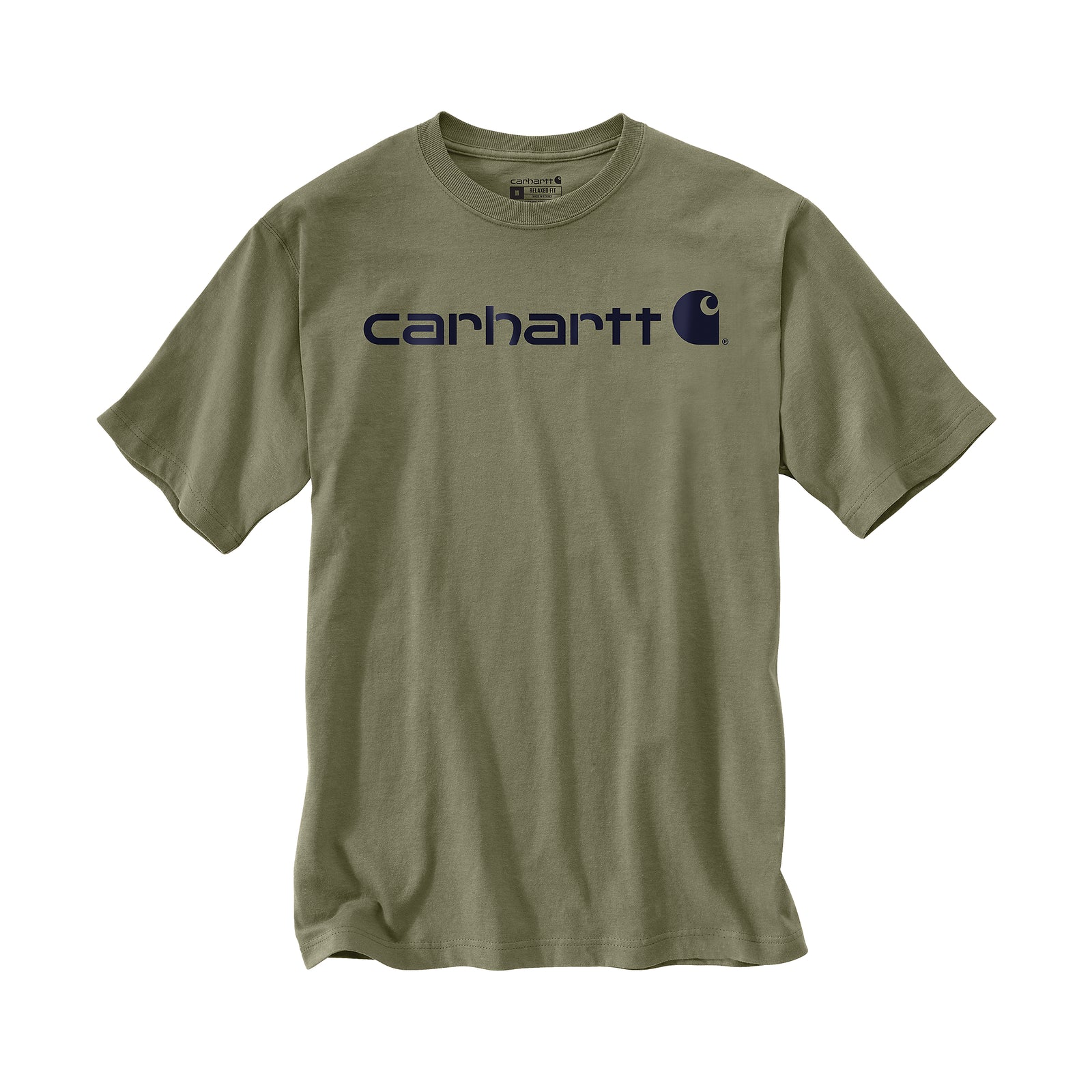 Carhartt Signature Logo miesten t-paita tuotekuvassa. Väri oliivi, tummansininen logo.