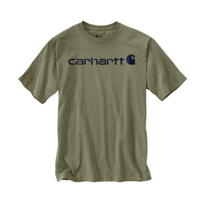 Carhartt Signature Logo miesten t-paita tuotekuvassa. Väri oliivi, tummansininen logo.