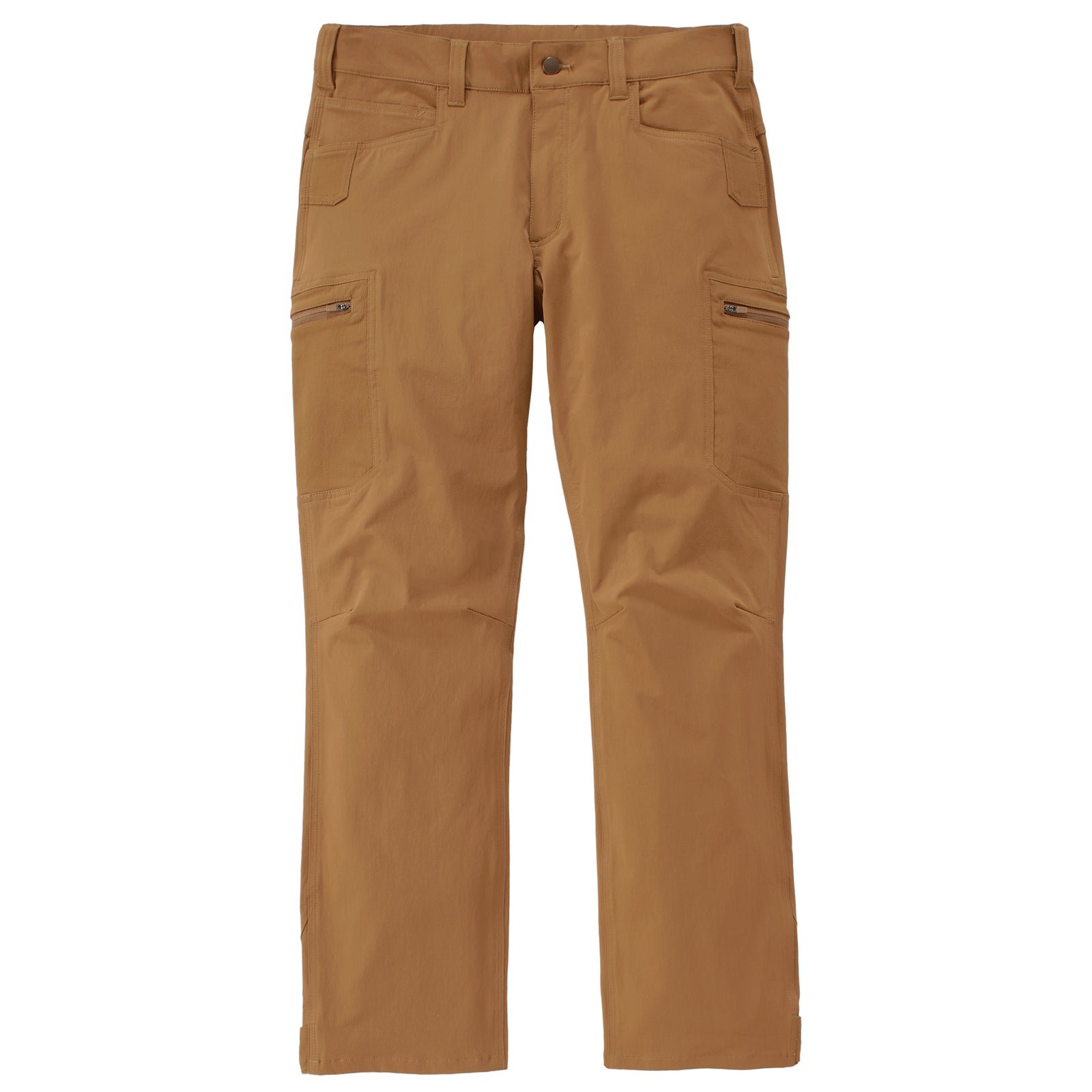 Ohuesta mutta kestävästä 4way-stretch-materiaalista valmistetut Carharttin ruskeat miesten housut sopivat hyvin työhön ja vaikka retkeilyyn.