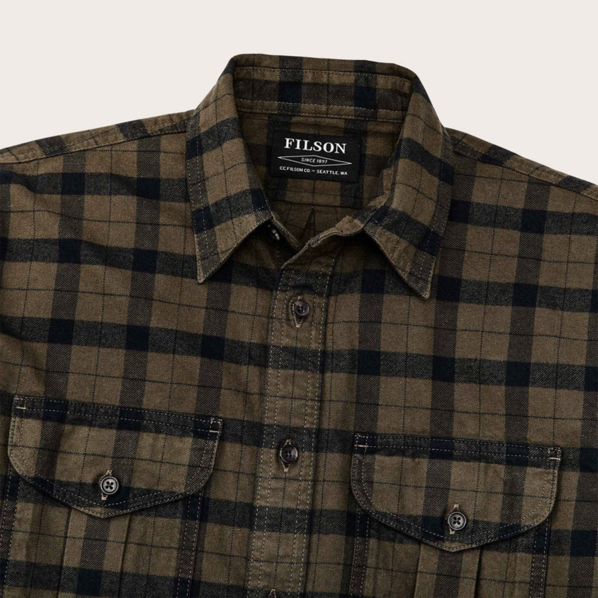 Filson Alaskan Guide Shirt miesten flanellipaita, vihreä/mustaruudullinen, kaulus