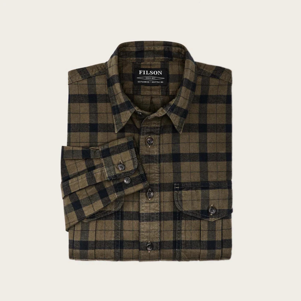 Filson Alaskan Guide Shirt miesten flanellipaita, vihreä/mustaruudullinen, viikattuna