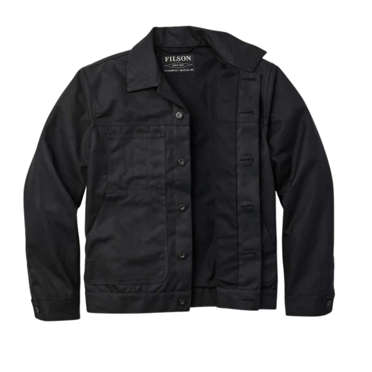 Filson Tin Cloth Short Lined Cruiser miesten takki, musta, takki auki kuvattuna.