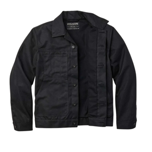 Filson Tin Cloth Short Lined Cruiser miesten takki, musta, takki auki kuvattuna.