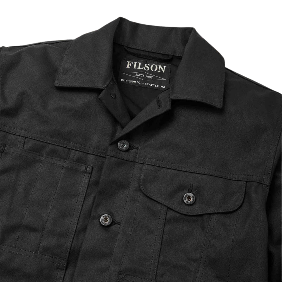 Filson Tin Cloth Short Lined Cruiser miesten takki, musta, Kauluksesta kuvattuna.