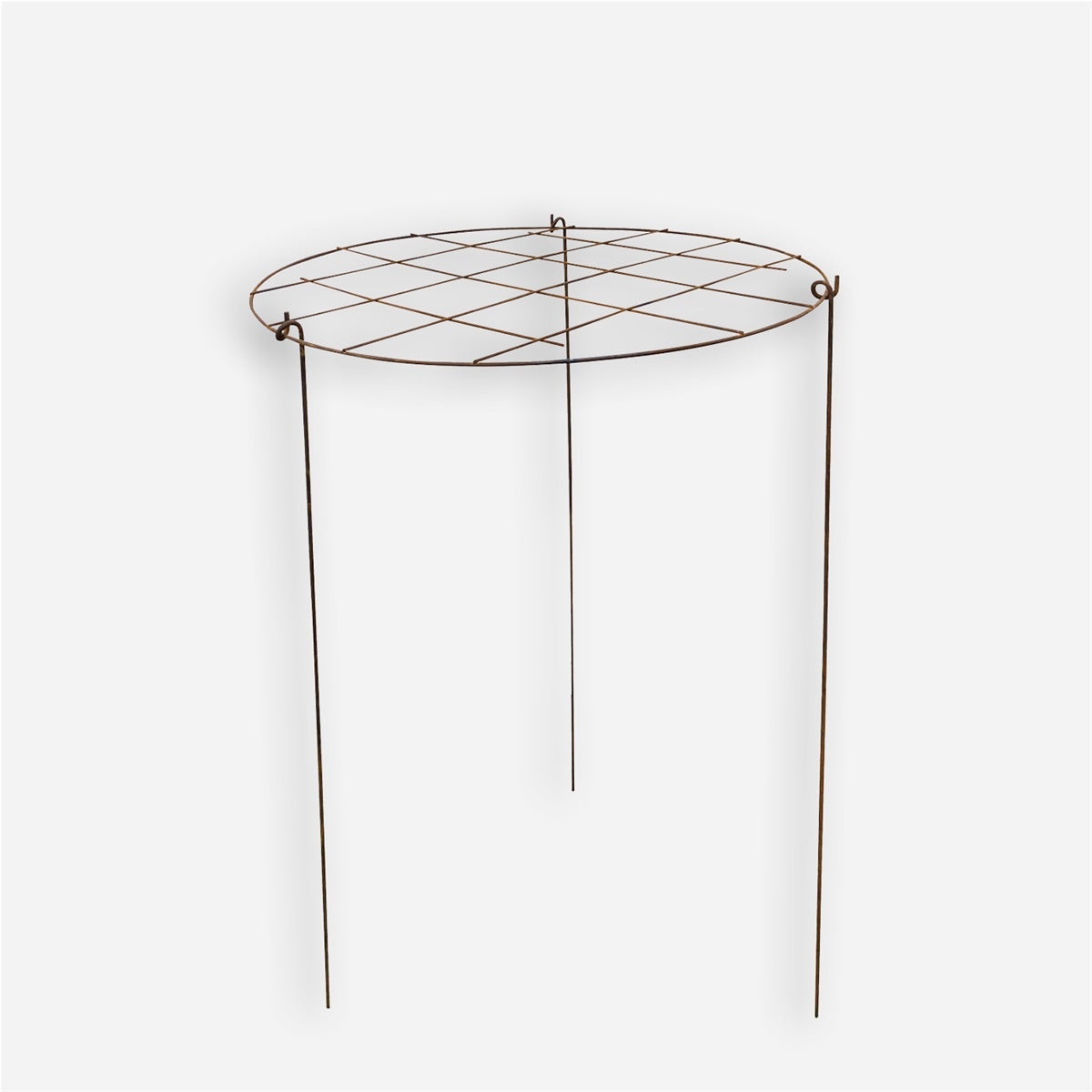 Kuvassa on pyöreä, metallinen kasvituki jonka verkkomaisen yläosan läpi kasvit ohjataan kasvamaan.