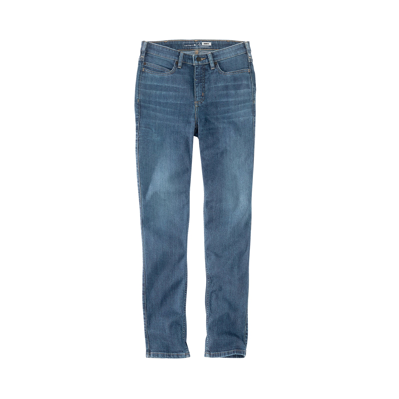 Kuvassa on naisten siniset slim fit farkut edestä päin kuvattuna.    