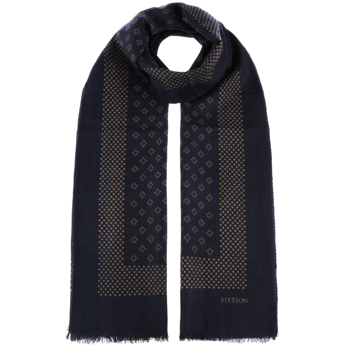 Stetson Scarf Wool Classic tummansininen villahuivi edestä, beige pistekuviointi, Stetson-logo ja lyhyet hapsupäät.