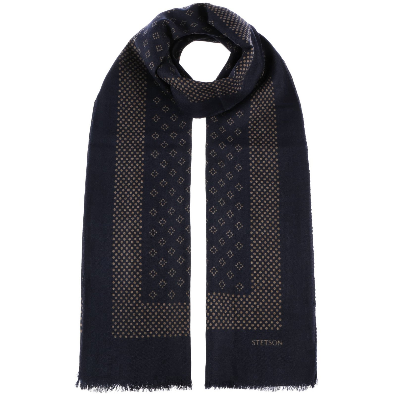 Stetson Scarf Wool Classic tummansininen villahuivi edestä, beige pistekuviointi, Stetson-logo ja lyhyet hapsupäät.