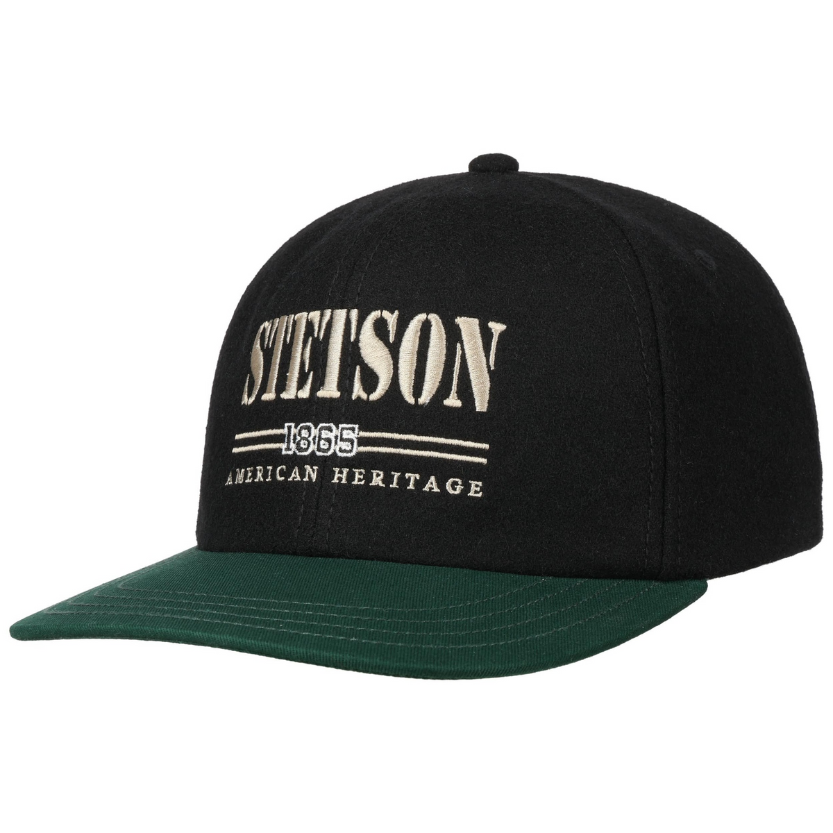 Stetson Baseball Cap American Heritage musta lippis etuviistosta, vihreä lippa ja vaalea Stetson 1865 -kirjailu.