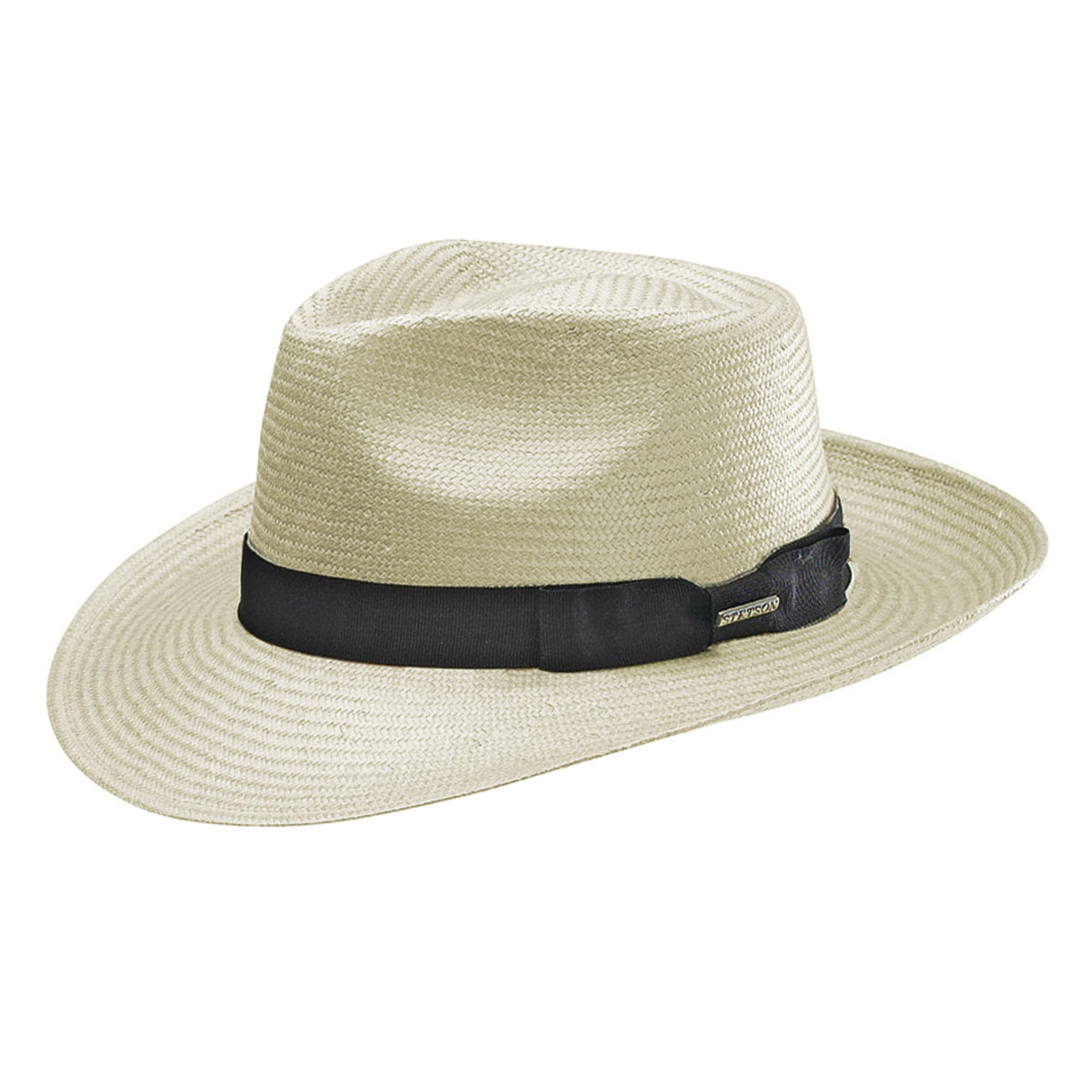 Stetson Fedora Toyo on levälieriinen kesähattu, jossa on musta nauha koristeena.