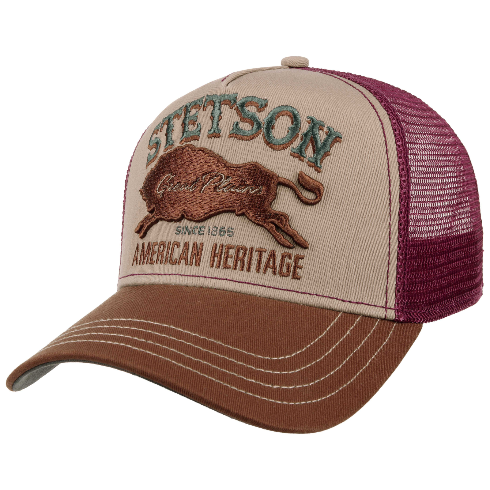 Kuvassa ruskea Stetson American Heritage Great Plains -lippis jossa viininpunainen verkko-osa.