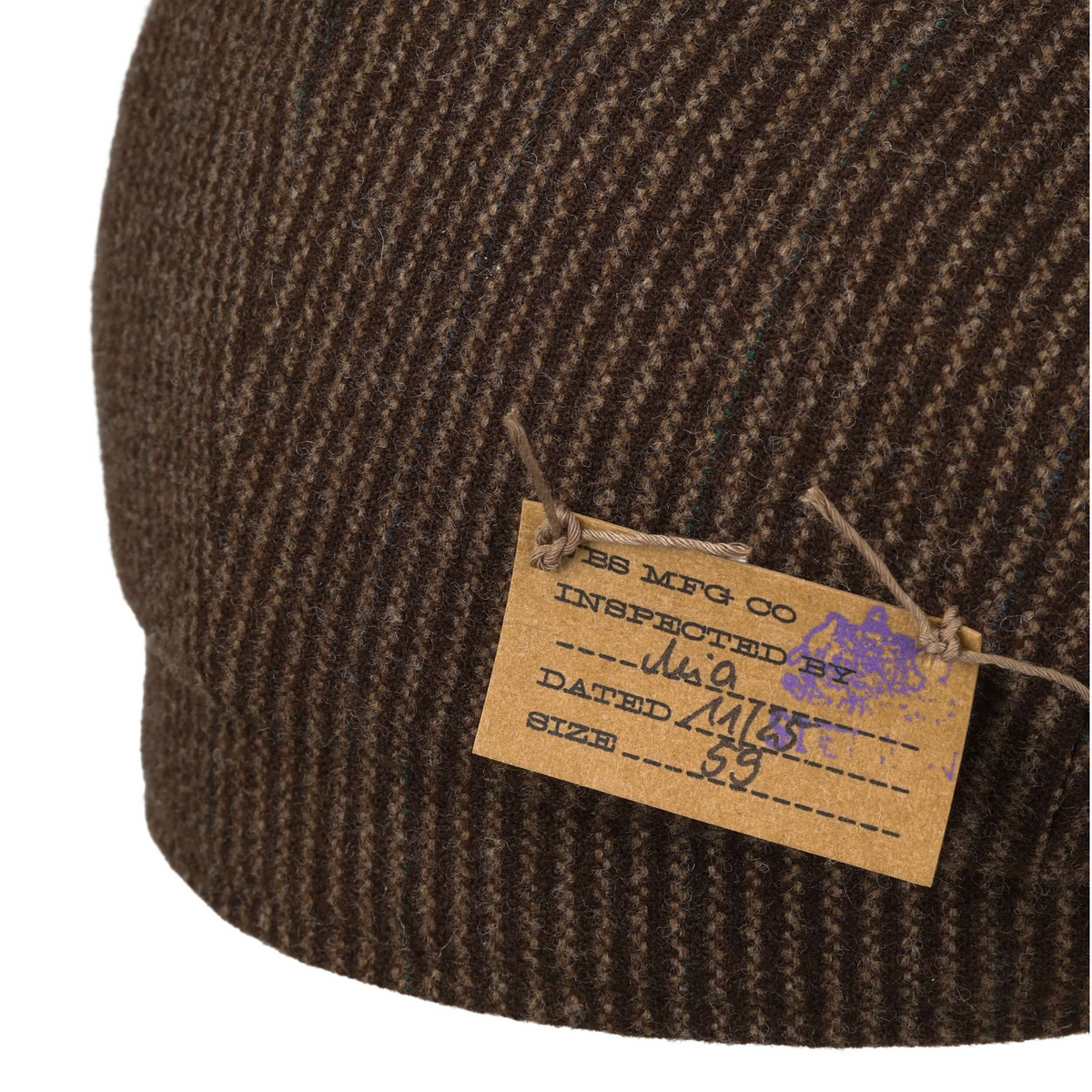 Stetson Hatteras Stripes Virgin Wool -villalakin lähikuva, ruskea raidallinen kangas ja pahvinen tarkastuslappu.