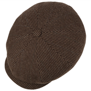 Stetson Hatteras Stripes Virgin Wool ruskea villalak﻿ki päältä, kahdeksan paneelin rakenne ja kapeat vaaleat raidat.