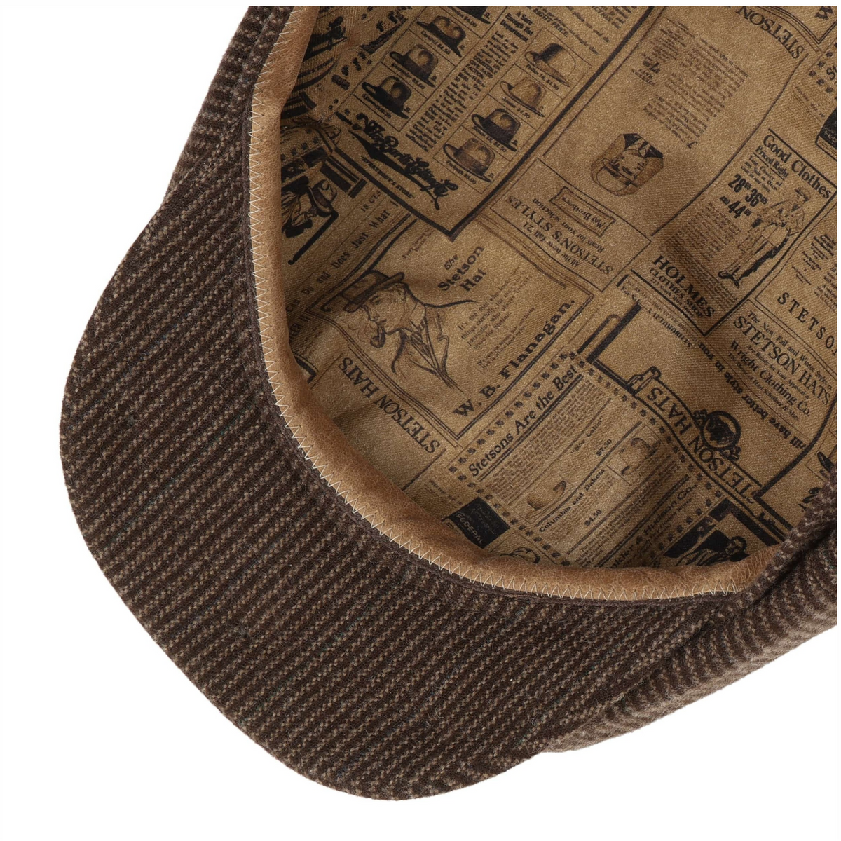 Stetson Hatteras Stripes Virgin Wool -villalakin sisäosa, beige vuori vanhojen hattumainosten kuvituksella.