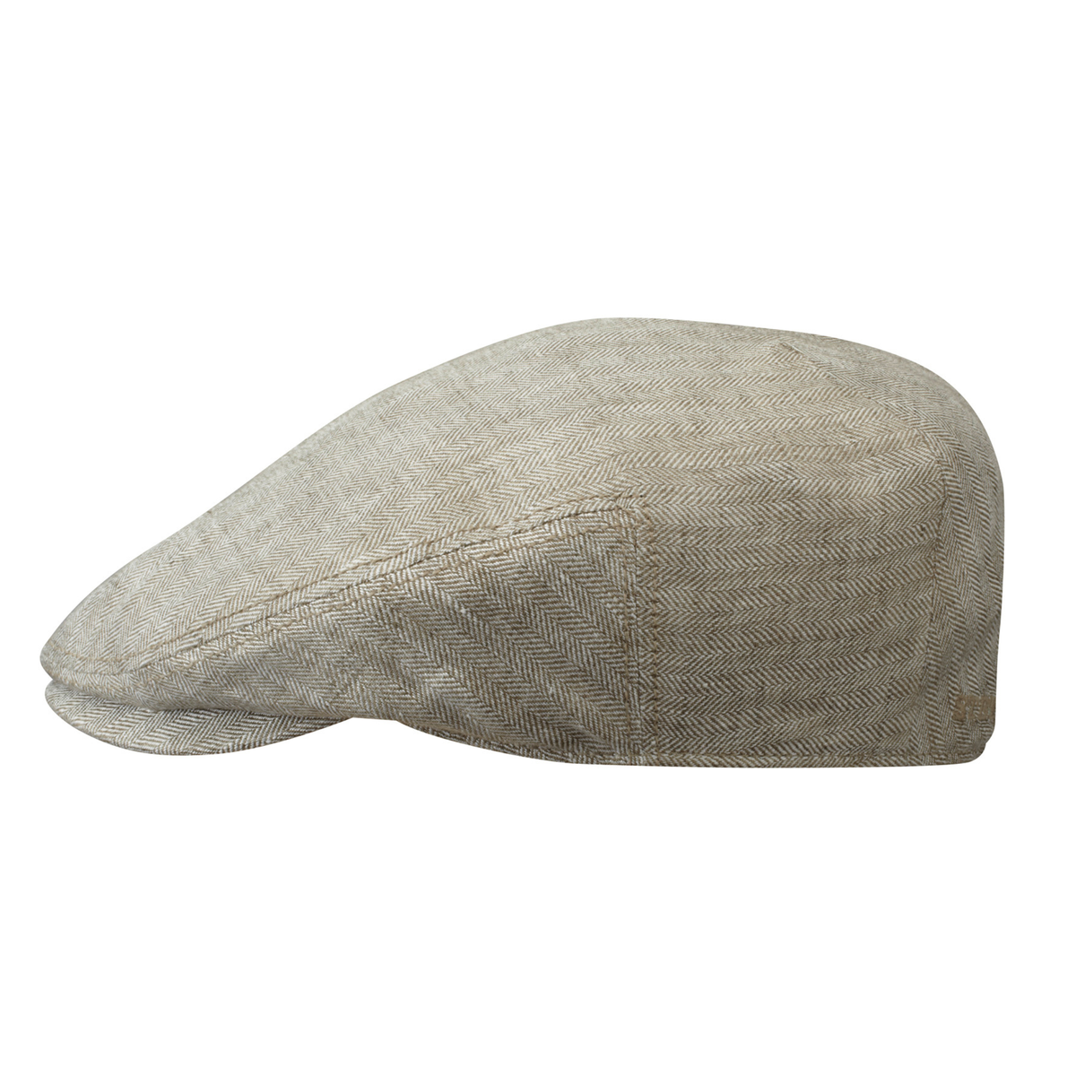 Kuvassa on pellavasta valmistettu vaalea Stetson Kent Linen Flat Cap sivusta kuvattuna.