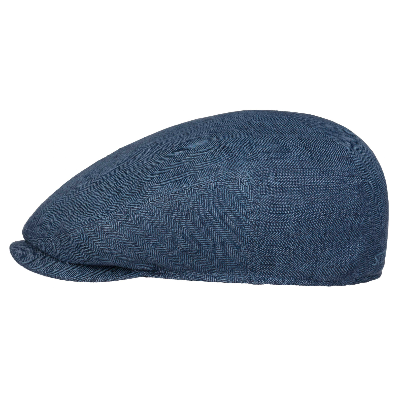 Stetsonin sininen pellavainen Kent Linen Flat Cap sivusta kuvattuna.