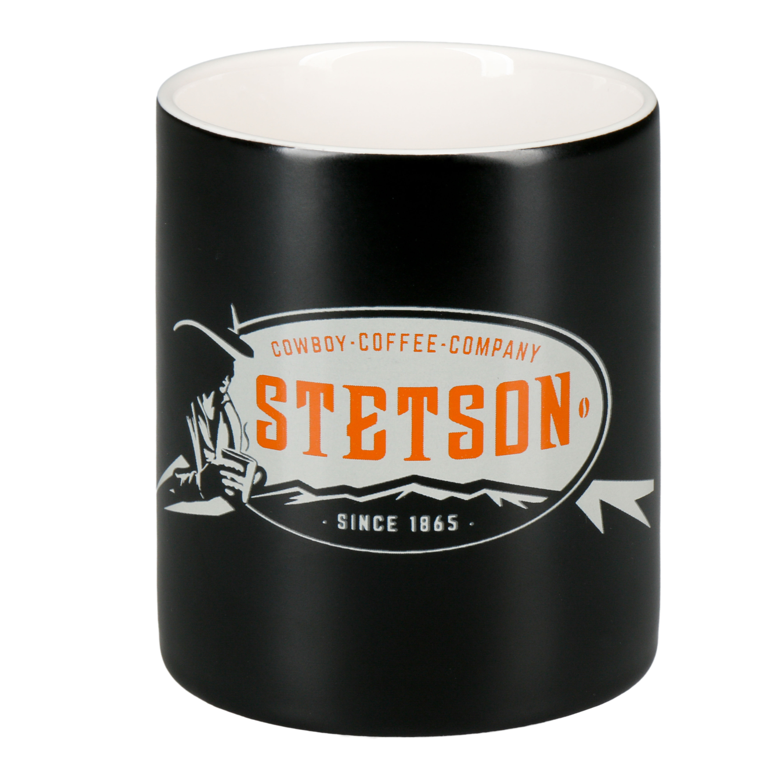 Kuvassa on musta Stetsonin kahvimuki jossa on vaalea sisäpinta ja ulkopinnassa vaalea Stetson -logo.