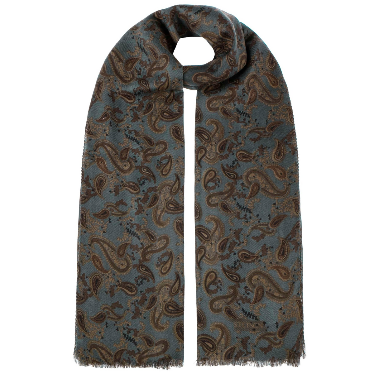 Stetson Scarf Wool Marbled sinivihreä villahuivi edestä, ruskea paisley-kuviointi ja lyhyet hapsupäät.