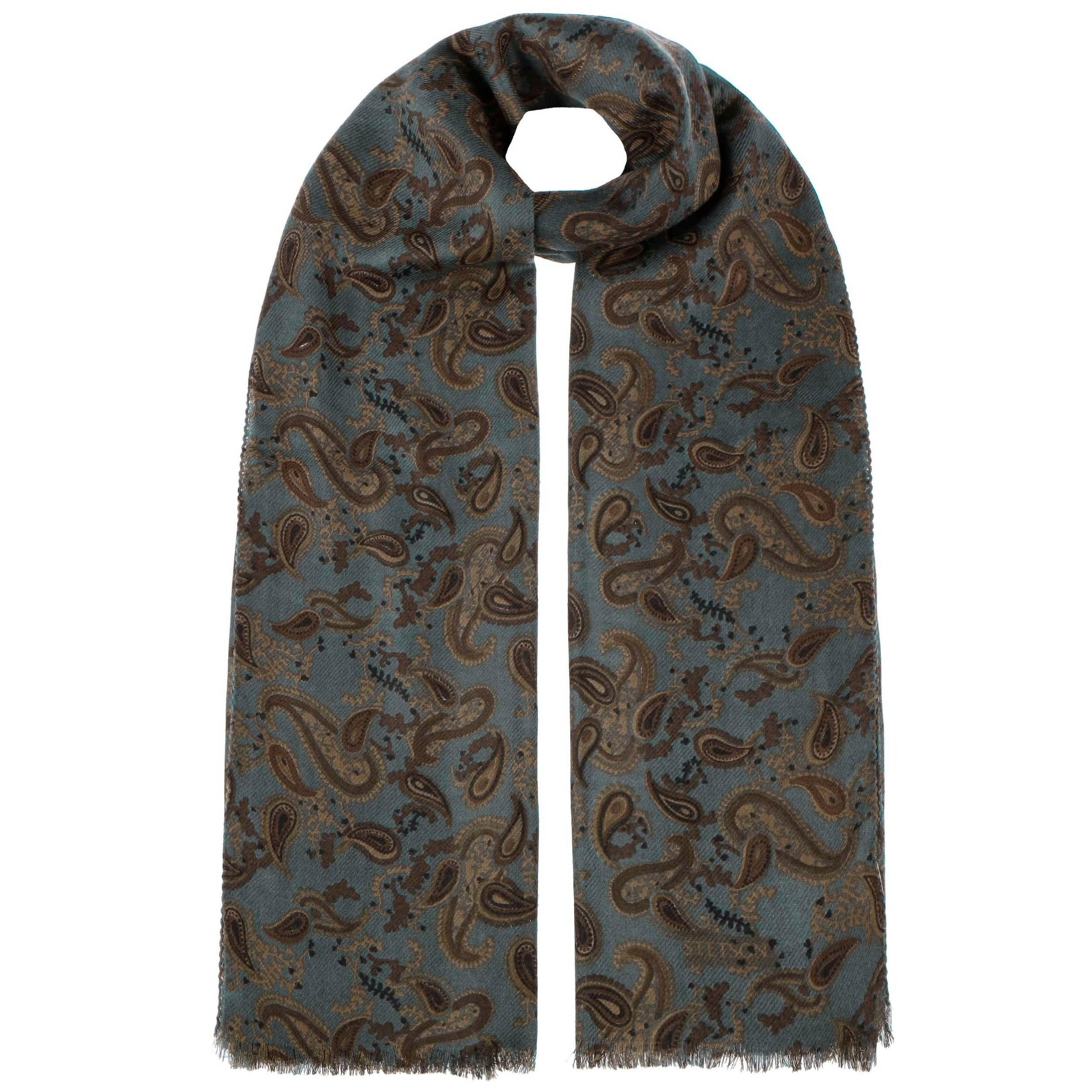 Stetson Scarf Wool Marbled sinivihreä villahuivi edestä, ruskea paisley-kuviointi ja lyhyet hapsupäät.