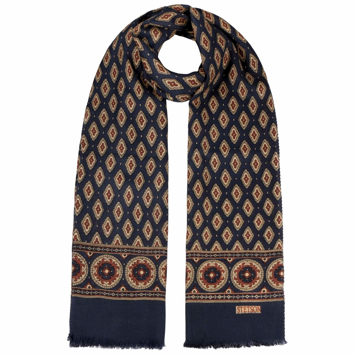Stetson Scarf Wool Ornamentals tummansininen villahuivi, beige ja ruosteenpunainen koristekuvio sekä hapsupäät.