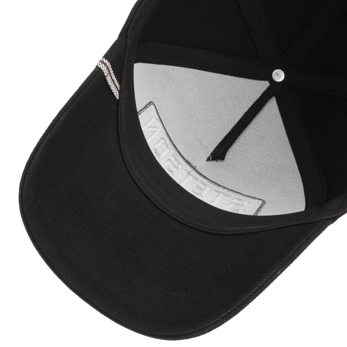 Stetson Trucker Cap 1865 -lippiksen sisäosa, vaalea etupaneelin tukiverkko, musta hikinauha ja lipan alapuoli.