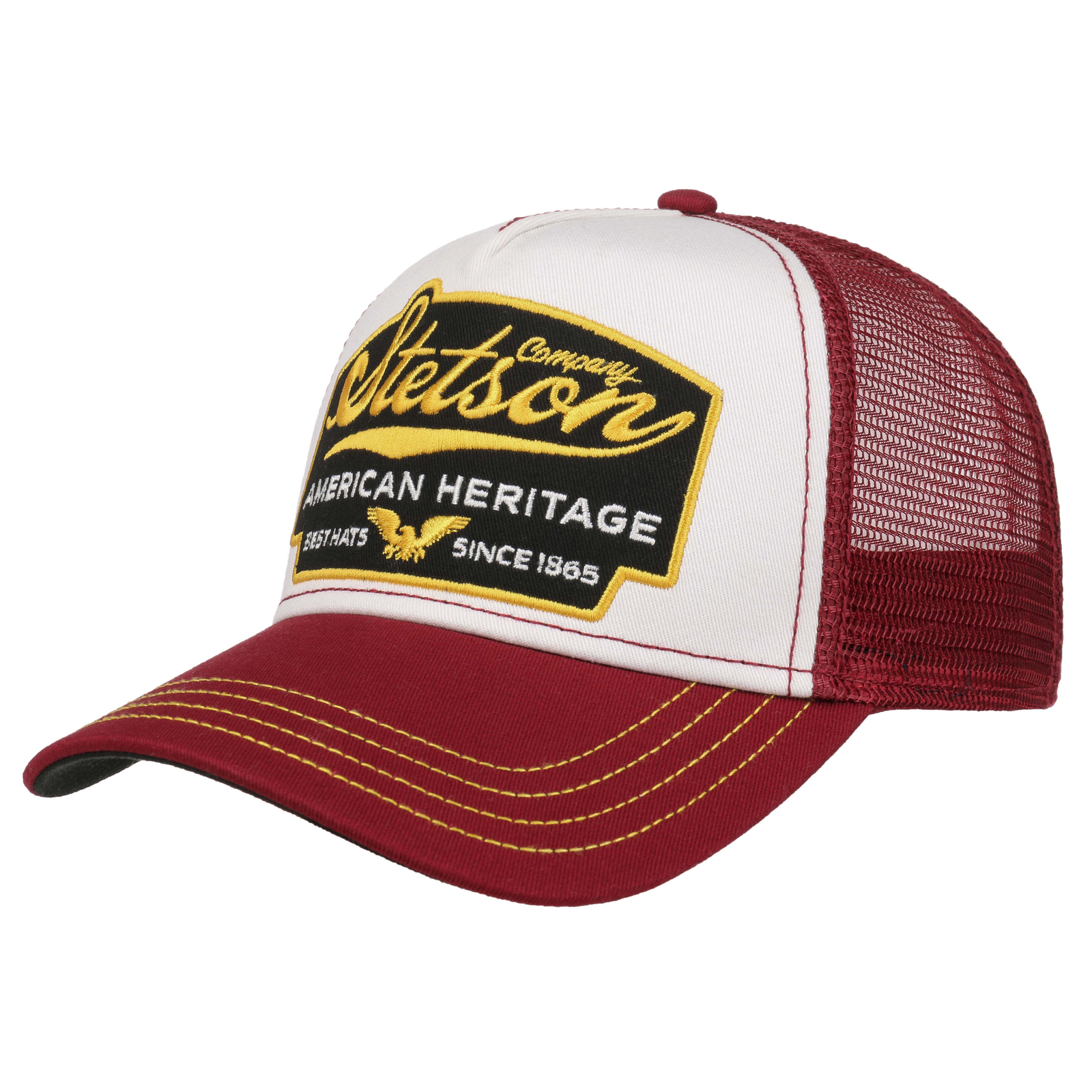 Punavalikoisessa Stetson American Heritage lippiksessä on keltainen Stetson kirjailu mustalla pohjalla.